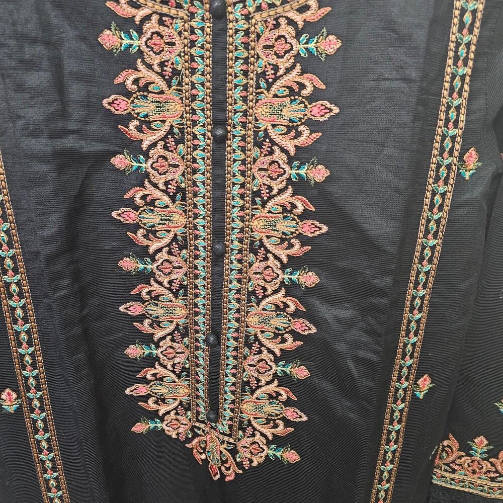 Posh Pakistani Kurta Set Embroidered Kaftan Dupatta Size M Black Floral Eid - Picture 4 of 9